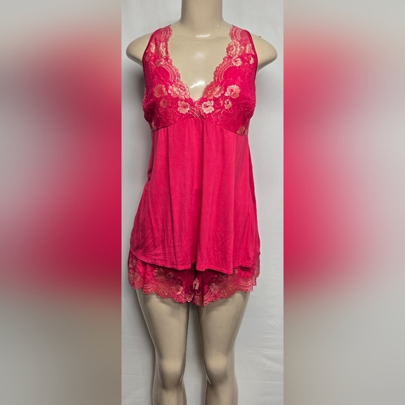 Soma Other - Soma L Two Piece Pajama Set Intimates Lingerie Pink Gold Lace Stretch Knit